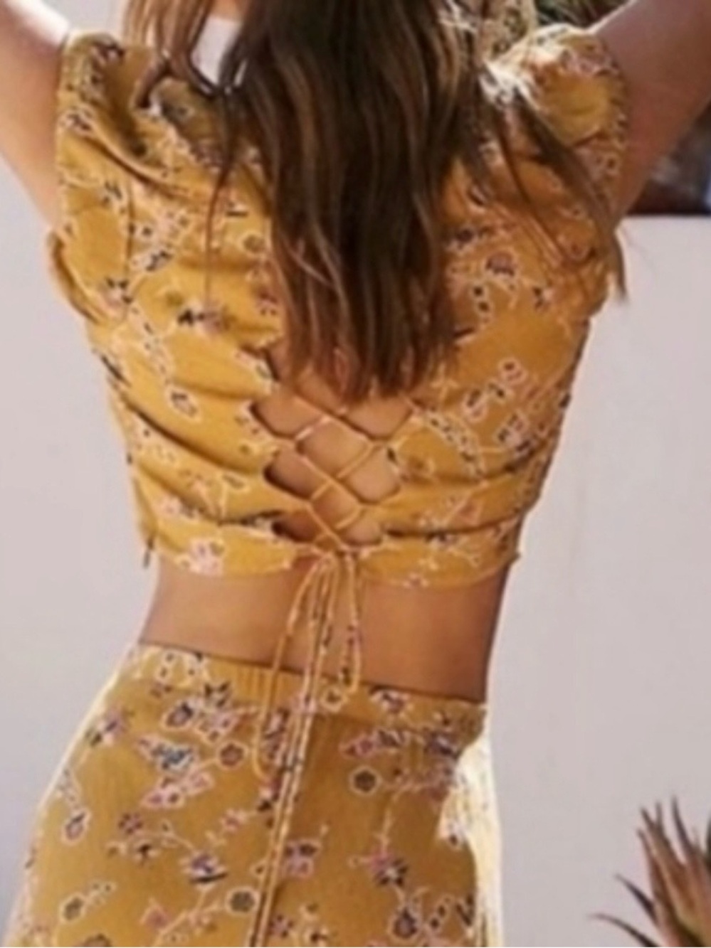Free People Lace Up Back Cropped Talia Tumeric Yellow Floral Top
